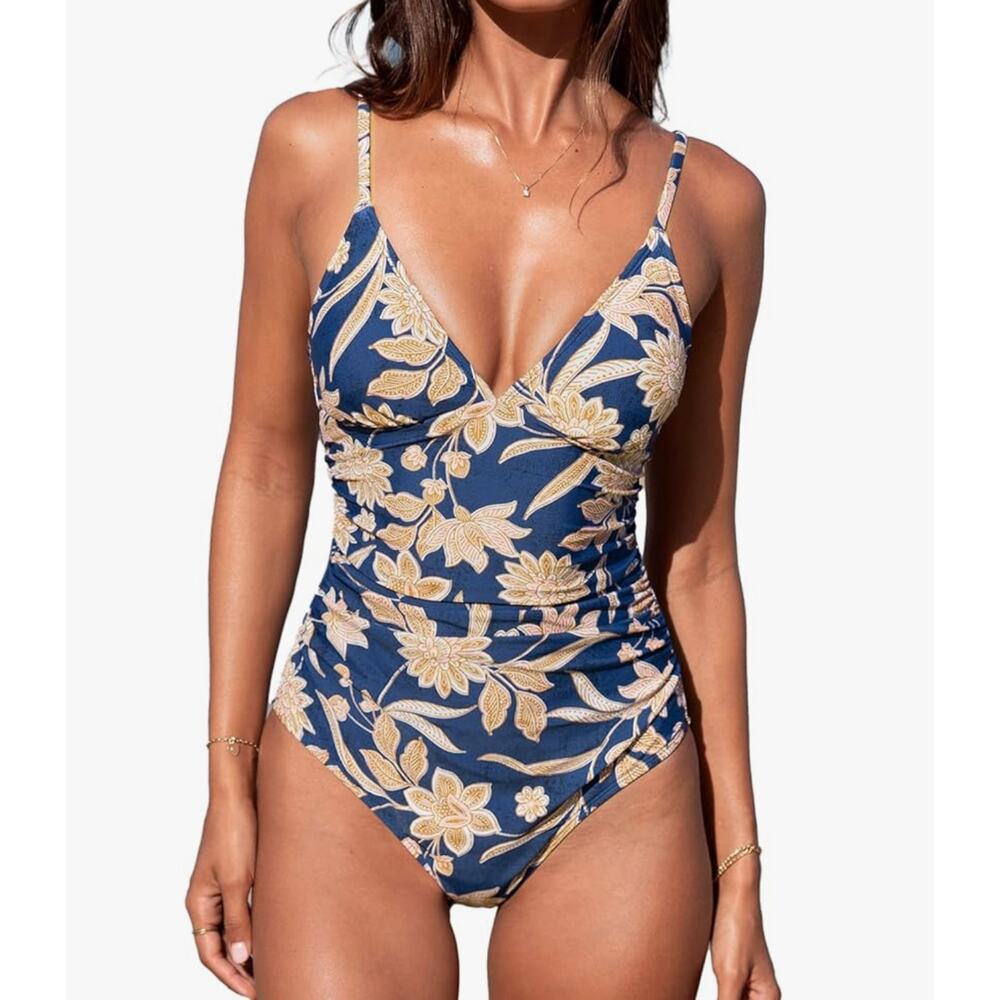Cupshe Navy Blue & Beige Floral One-Piece Swimsuit